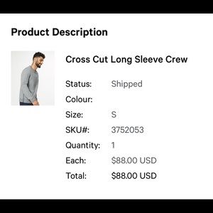 COPY - Cross Cut Long Sleeve Lululemon Crew (Small)